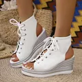 Stylish white open-toe lace-up wedge platform sandals for women, side view on feet - 38 / White
