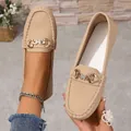 Elegant beige women's loafers with chic metal buckle and textured faux leather finish - 36 / Rhinestone Butterfly / Khaki