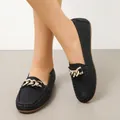 Classic women's black leather loafers with stylish retro gold chain link buckle - 36 / Rhinestone Chain Style / Black