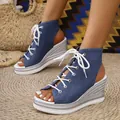 Stylish peep toe blue denim wedge sandals featuring a trendy lace-up front design - 38 / Blue