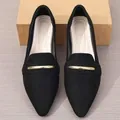 Elegant women's black pointed-toe flat loafers with stylish gold metal bar detail - 35 / Black