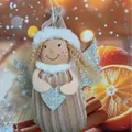 Plush angel girl Christmas tree ornament in brown striped dress with silver glitter wings - Gray Heart Style (K-C049)
