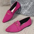 Elegant fuchsia pointed-toe suede flats with gold metallic bar detail - 35 / Rose Red