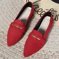 Women's elegant red pointed-toe flat shoes featuring a stylish gold bar accent - 35 / Red