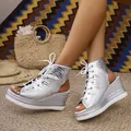Stylish silver crocodile pattern wedge sandals featuring lace-up front and peep toe design - 38 / Silver