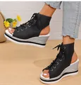 Stylish women's black wedge sandals featuring a lace-up design and open-toe style - 38 / Black-2