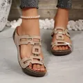 Beige open-toe slides with geometric gold buckles and soft soles - 36 / Beige