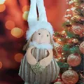 Pendentif ange de Noël en peluche avec robe rayée et décoration cœur doré brillant - Ange à Tresse Rayé Brun Cœur (K-C070)