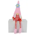Detailed view of a pink spring gnome doll with braids and a red checkered outfit - Female Style / 10x7x33cm