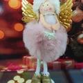 Adorable plush Christmas angel tree ornament with soft pink fur and glittery golden wings - Pink Fur Ball Winged Angel (K-C126)