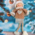 Pendentif ange de Noël fait main en peluche marron avec un petit cœur argenté brillant - Ange en Molleton Grain Cœur Argent (K-C071)