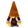 Detailed view of autumn harvest gnome plush with brown fuzzy hat and maple leaf patch - Female Style (White Braids)