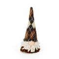 Gedetailleerd overzicht van koffiekabouter met ruitjeshoed en koffieboonaccenten - Argyle Patroon Stijl / 9*9*22cm