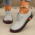 Zapatos casuales planos grises cosidos a mano con suelas gruesas y cómodas para mujer - Gris