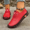 Hand-stitched women's red leather flats with thick soles for casual spring wear - 35 / Red