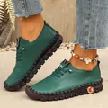 Zapatos planos casuales de cuero verde oscuro cosidos a mano para mujer al aire libre - Verde