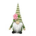 Detailed view of plush spring gnome with green striped hat and pink peach blossom - Braids Style (A)