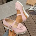 Pink wedge Mary Jane shoes featuring ethnic flower decoration and adjustable buckle strap - 36 / Pink
