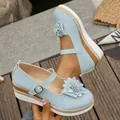 Light blue European style wedge platform shoes with flower detail and buckle strap - 36 / Lake Blue