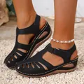 Comfortable black wedge sandals for women featuring a stylish closed-toe cage design - 36 / Black