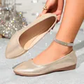 Elegant champagne gold pointed toe ballet flats with a fine shimmer finish for women - Gold