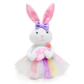 Detailed shot of sweet Easter plush bunny wearing a rainbow tutu and holding a pink egg - Cute Little Rabbit