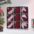 Luxury set of 9 flocked burgundy Christmas ornaments with sequins in white gift box - 9 Pieces/Pack (Gift Box) / Burgundy