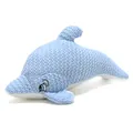 Close-up macro detail of a cute light blue knitted dolphin plush toy with yarn texture - Blue