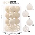 Juego de 16 bolas de Navidad flocadas blancas de 8 cm con texturas y diseños variados. - Paquete de 16 / Blanco Roto