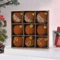 Set of 9 brown flocked Christmas ornaments with sequins and glitter in a gift box. - 9 Pieces/Pack (Gift Box) / Brown