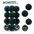 16pcs 8cm dark green velvet flocked Christmas balls set with diverse textures for tree decor. - 16 Pieces Pack / Dark Green