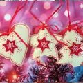 Decorative cream felt Christmas ornaments set with heart and star shapes and red ribbons - Felt Ornament Group (K-C132)