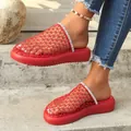 Breathable red mesh platform slippers for women featuring rhinestone chain detailing - 36 / Red (C58)