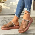 Breathable brown mesh mule sandals with sparkly rhinestone chain trim for women outdoor - 36 / Brown (C58)