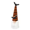 Detailed view of Halloween gnome doll with orange and black striped hat and bat wings decoration - Black and Orange Striped / 10.5*10.5*30cm