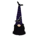 Close-up of Halloween gnome plush doll with purple striped hat and black bat wings - Black and Purple Striped / 11*11*30cm