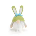 Close-up detail of a green plush Easter gnome with long rabbit ears and a blue bow - Male Style