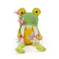 Detailed view of plush frog gnome doll with green knit hat and butterfly embroidery - 12*8*26cm / Female Style