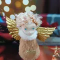 Plush Christmas angel girl ornament with golden wings and glitter heart detail - Light Brown Faux Rabbit Fur (K-C023)