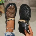 Elegant black mesh breathable mule sandals featuring a luxury gold buckle ornament - 36 / Black (C59)