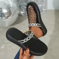 Black mesh mule slippers featuring a rhinestone chain and breathable upper design. - 36 / Black (C60)