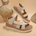 Stylish beige platform wedge sandals with wood-grain sole and adjustable velcro straps - 36 / Beige