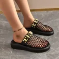 Black mesh breathable slippers with designer gold studs for women summer fashion - 36 / Metal Stud Style (52) / Black