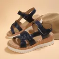 Comfortable women's navy blue platform wedge sandals with stylish wood-grain sole - 36 / Blue