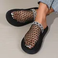 Stylish black mesh breathable sandals with sparkling rhinestone chain for women. - 36 / Rhinestone Chain Style (C56) / Black
