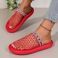 Trendy red mesh closed-toe slippers with sparkling rhinestone chain detail for women - 36 / Rhinestone Chain Style (C56) / Red