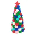 Detailed view of a colorful pom-pom Christmas tree tabletop ornament with a red star - Christmas Tree
