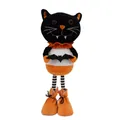 Adorable Halloween black cat plush figurine with striped legs holding a black bat - Black Cat