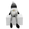 Detailed view of Nordic knitted Christmas gnome doll with long hanging black and white striped legs - Male Style / 11*8*31cm