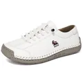 White men's outdoor casual leather loafers with wide-toe and hand-stitched details - White